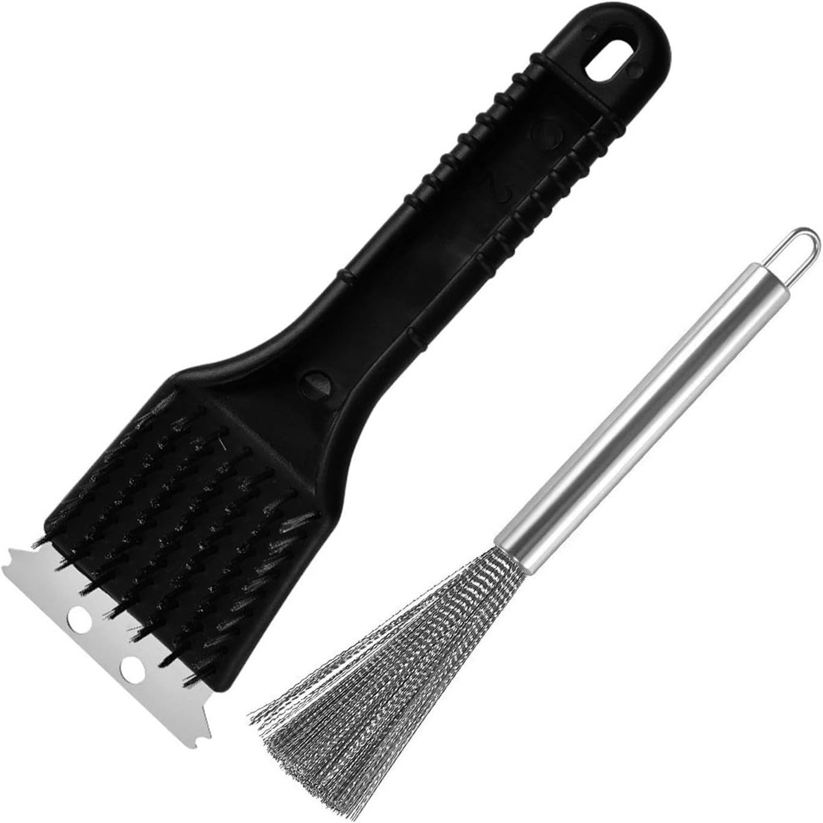 Set van 2 RVS Grillborstels met Schraper en Kunststof Handgreep voor BBQ en Camping, Ideaal voor Grillroosters en Pannen, Effectieve Schoonmaaktools voor Buiten koken