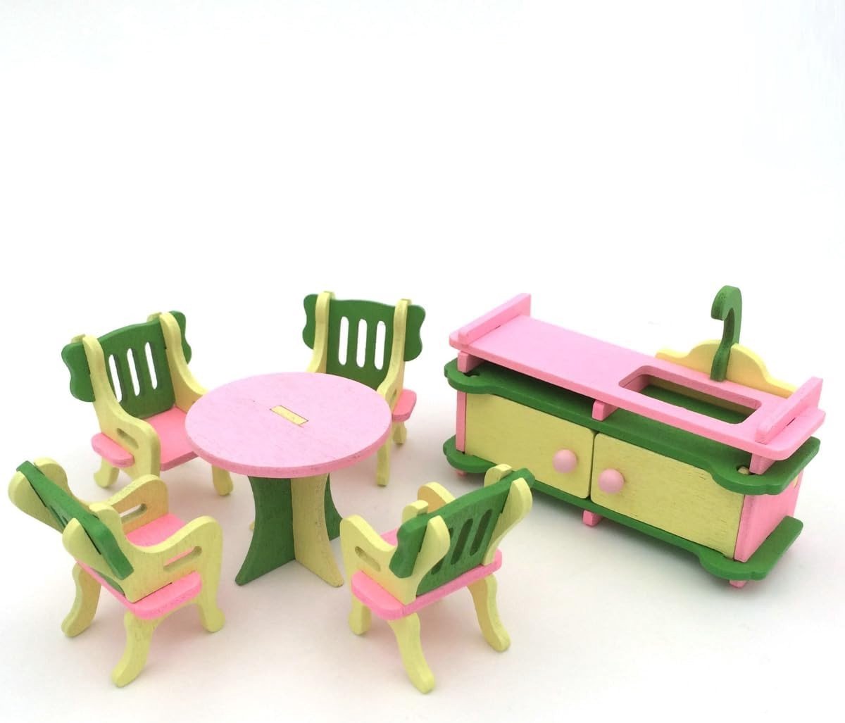 Miniatuur Houten Keuken Meubels Set voor Poppenhuis - 6 Delige Set met Keukensink, Eettafel en 4 Stoelen - Perfecte Accessoires voor Poppenhuis Decoratie 1:12
