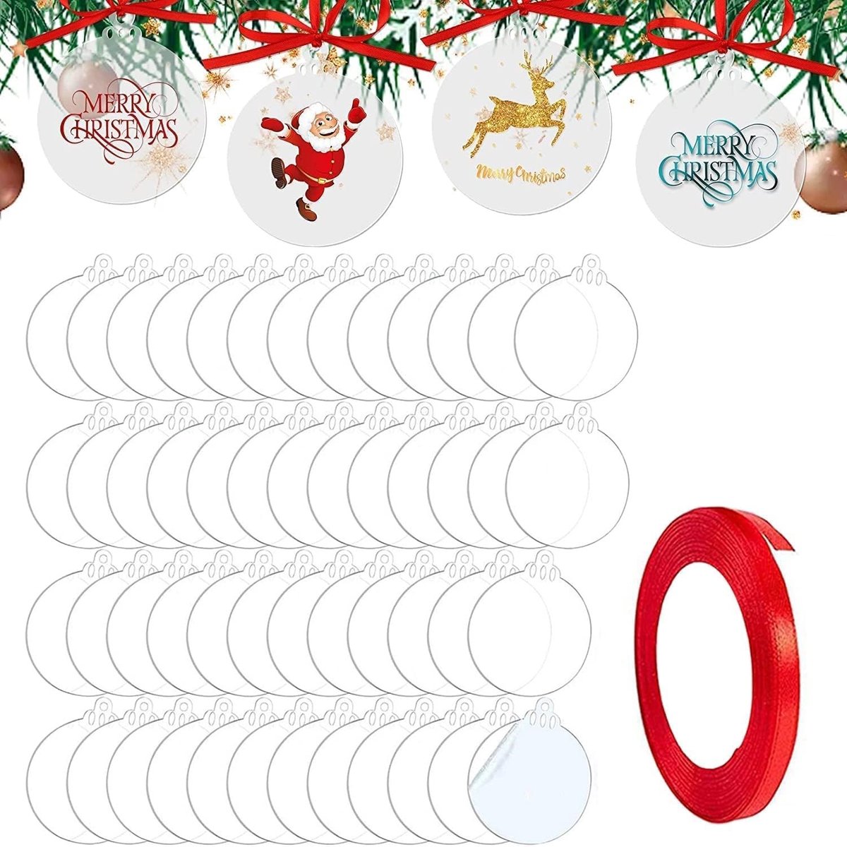 30 Stuks Transparante Acryldisc Ornamenten voor Kerstmis - Ronde Decoraties met Lint, Lege Acryldisc voor Creatieve Projecten en Boomversiering