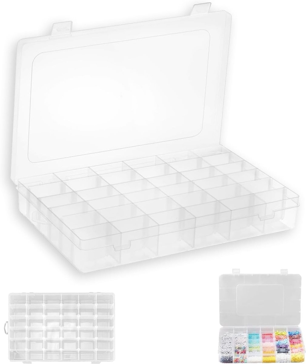 Sorteerdoos met 36 vakken, stapelbare opbergdoos voor kleine onderdelen, transparant en verstelbaar voor het opbergen van kralen, knopen, visaccessoires en schroeven.