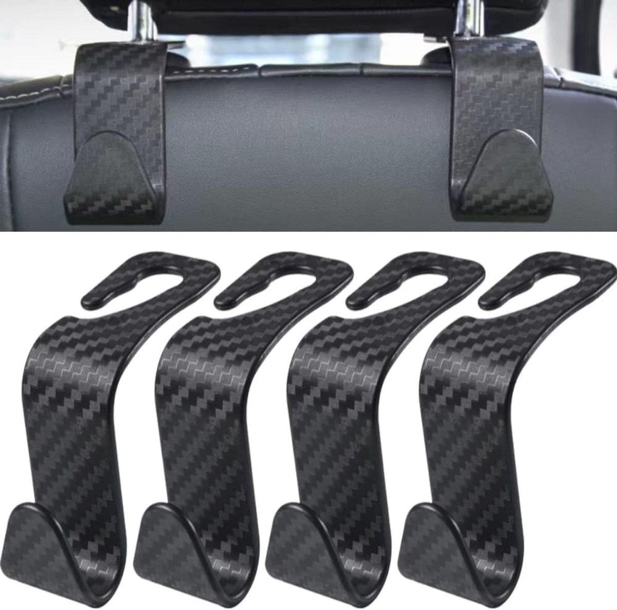 SnelShoppen - Autokopsteun Haken, Universele Autostoel Rugleuning Haken, 4 Stuks Zwart (Carbon Fiber Zwart) voor Auto Accessoires