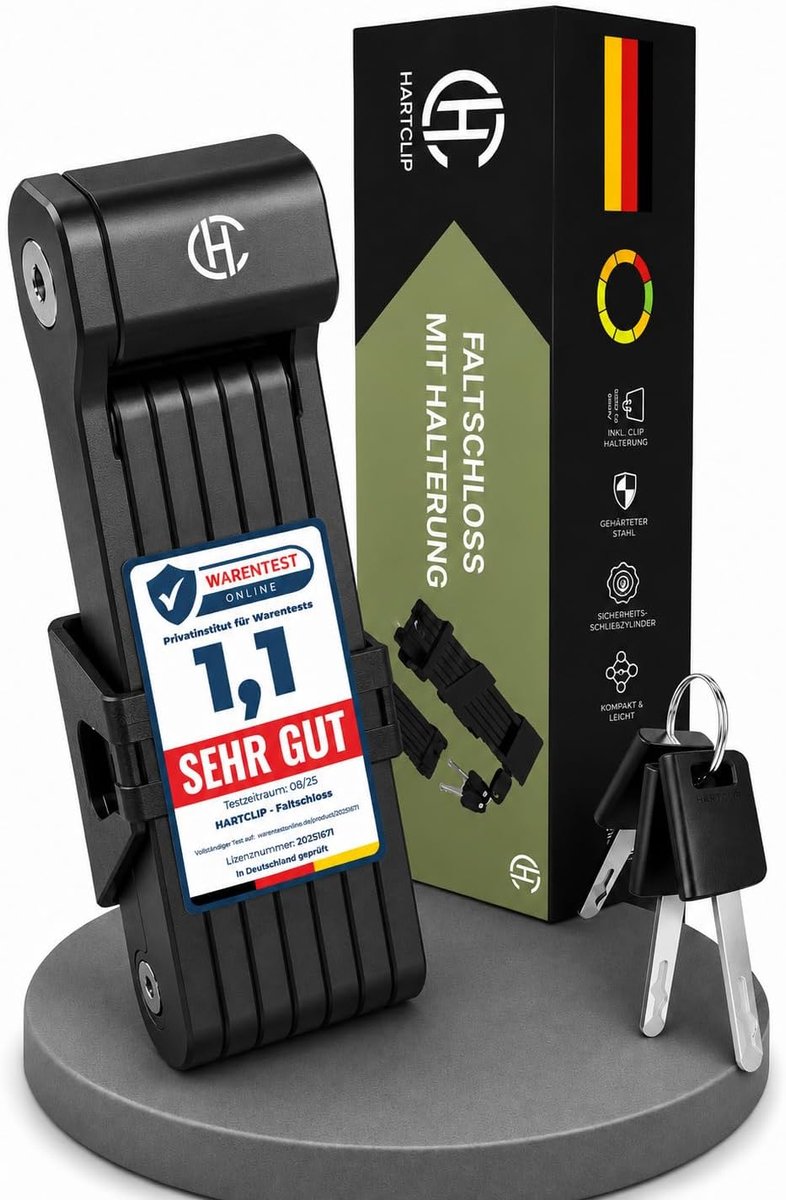SnelShoppen - Fiets vouwslot met harde clip 85 cm - veilig, compact, klappervrij, hoge veiligheid fietsslot voor e-bike & citybike inclusief houder