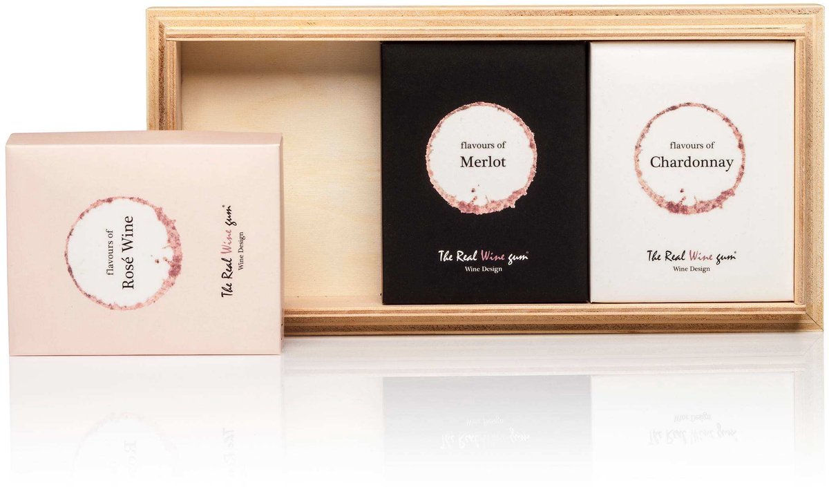 Creaties van Hier – The real wine gum - Trio op hout - rose wine merlot chardonnay- wijnsnoepjes - geen alcohol -