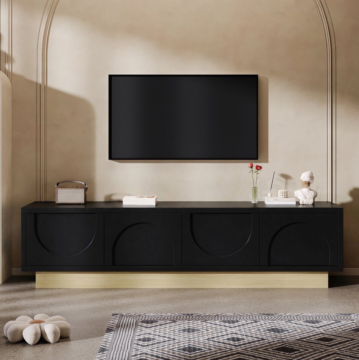COVREO TV-meubel 175x40x41,5 cm zwart, MDF met 4 deuren en opbergruimte