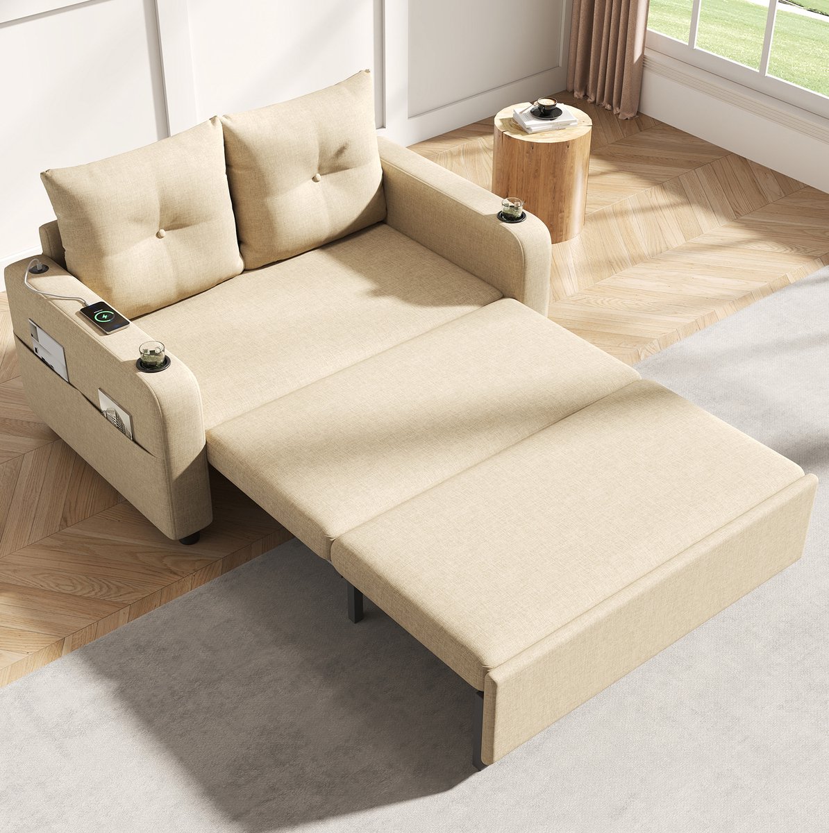 OKWISH Slaapbank 131 Cm - 3-In-1 Uitklapbare 2-Zits Met Usb En Type-C, Bekerhouders En Zijvakken - Woonkamer - Katoen Linnen - Beige