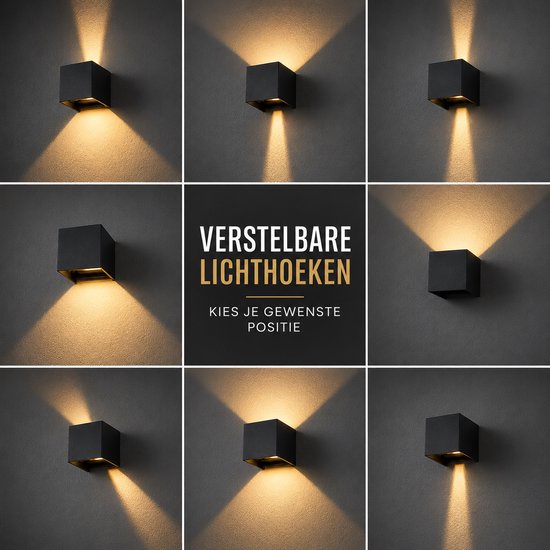 Collage van negen afbeeldingen van een zwarte, kubusvormige wandlamp die licht naar boven en beneden schijnt in verschillende hoeken. Tekst: Verstelbare lichthoeken. Kies je gewenste positie.