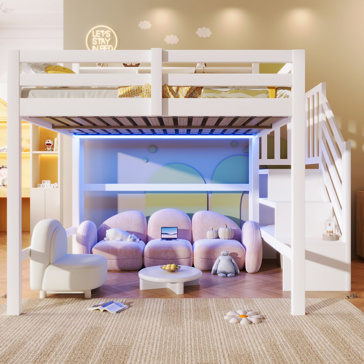 DESMIU Hoogslaper 140x200 cm - LED-verlichting En Opbergtrap - Open Opbergruimte - Kinderkamer - Hout En MDF - Wit - Zonder matras