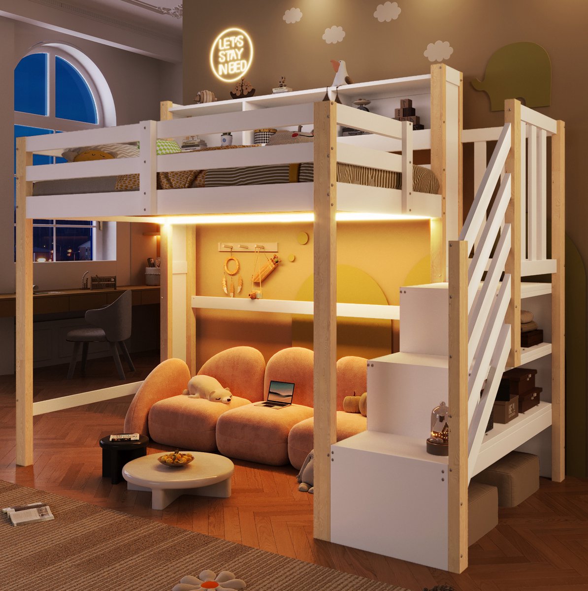 DESMIU Hoogslaper 90x200 cm – Met Ledverlichting En Opbergtrap – Open Opbergvak En Ruimte Onder Het Bed – Voor Kinderen – Hout En MDF – Wit Naturel – Zonder Matras