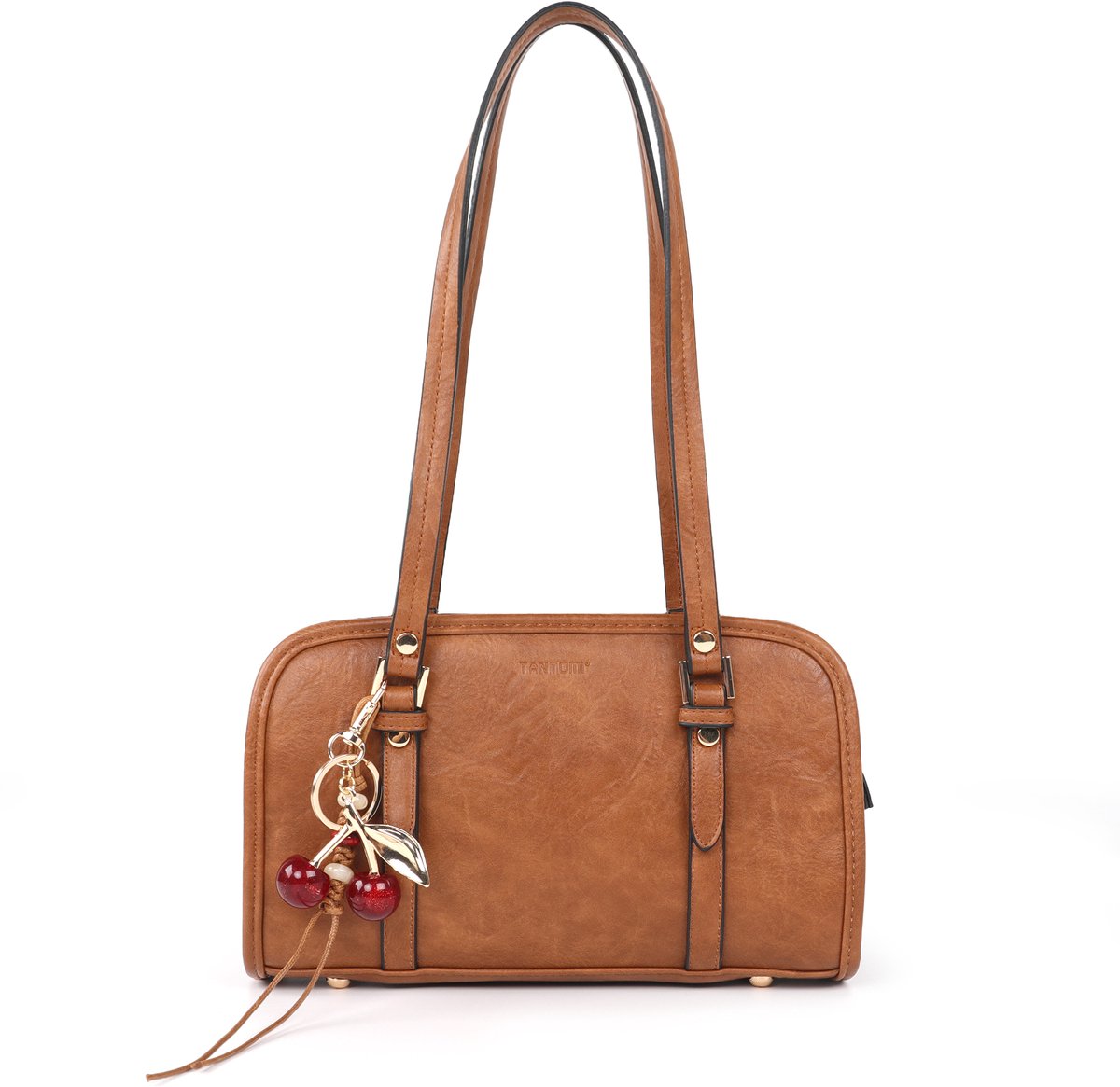 TANTOMI - Dames Handtassen - Elegante schoudertas - met kersenhanger - Handtas Dames klein - Boston tas - voor afspraakjes, dagelijks gebruik en winkelen - Lichtbruin