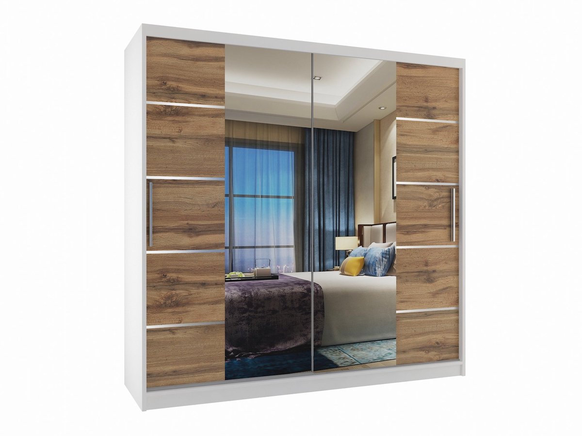 BELINI Verona ME Schuifdeurkast 200 cm Wit/Goudbruin Mat - Kledingkast met Spiegel - Comfort Line Slaapkamerkast