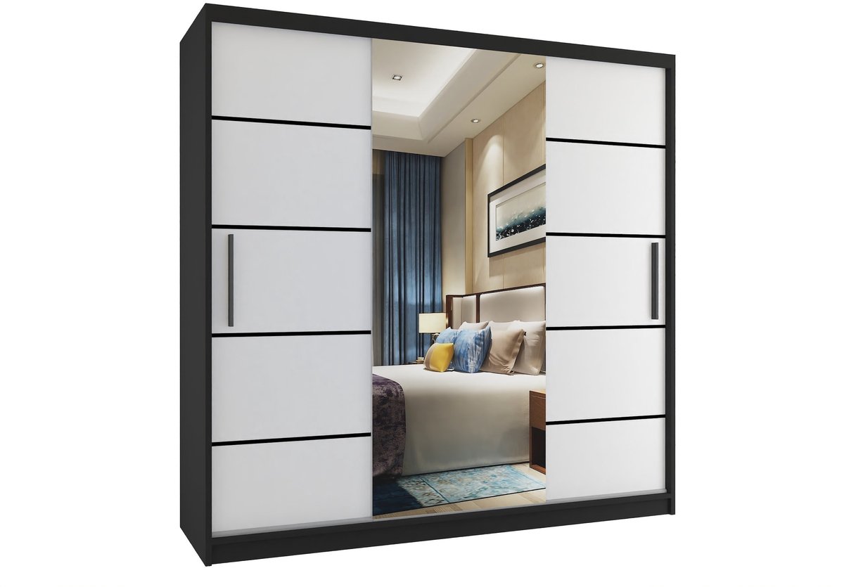 BELINI Verona MT Schuifdeurkast 200 cm Zwart/Wit Mat - Kledingkast met Spiegel & Lades - Comfort Line Driedeurkast
