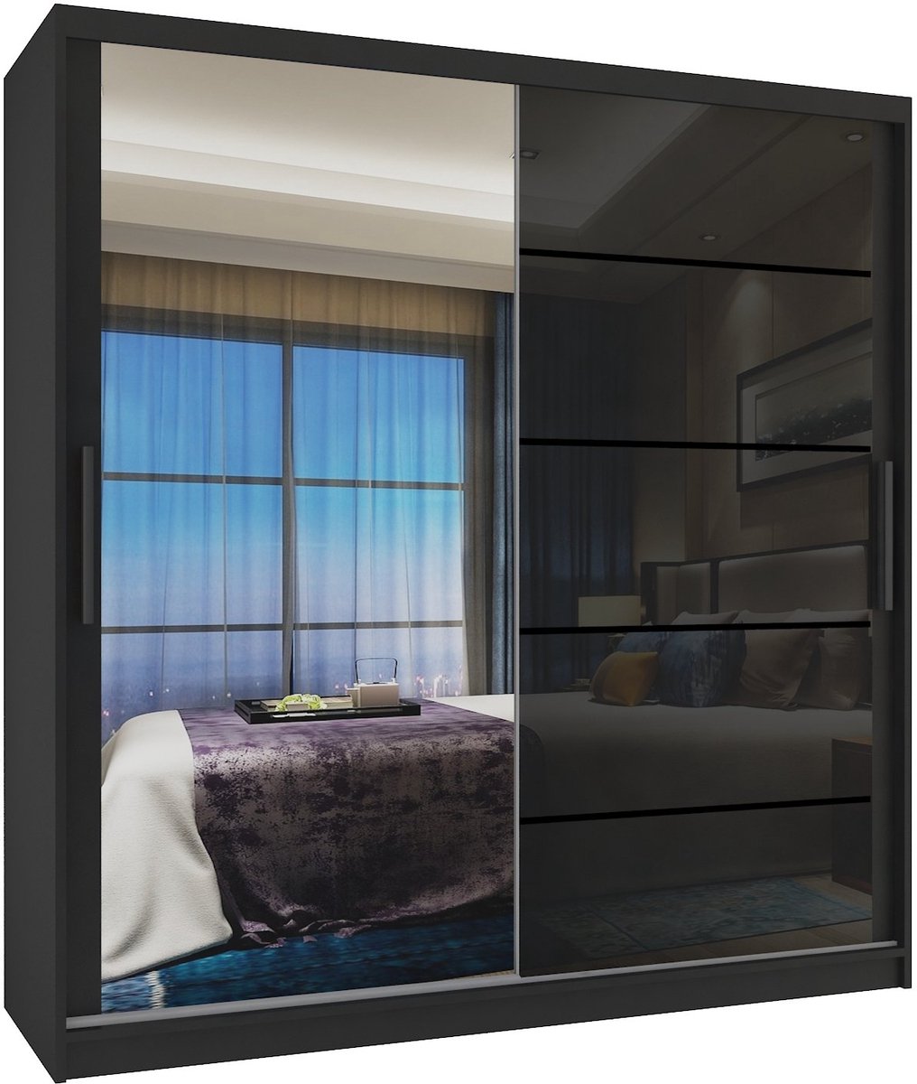BELINI Verona MGB Schuifdeurkast 158 cm Zwart Hoogglans - Kledingkast met Spiegel - Comfort Line Hoogglans