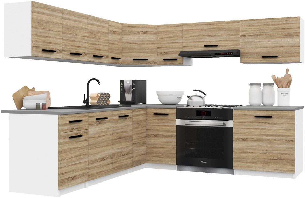 BELINI Keukenblok ITALIA 7 - Keukenmeubel Set 420 cm Sonoma Eiken met Werkbladen - Boven- en Onderkasten