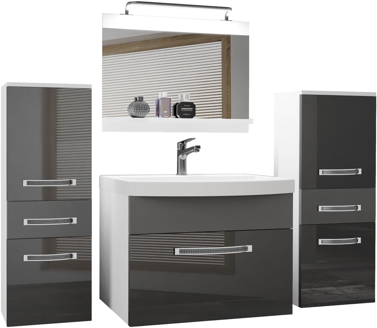 BELINI Badkamermeubel Set GLA PM 4 - Badmeubelset 140 cm Grijs Hoogglans Mat met Wastafel, Spiegel en LED Lamp - Wandmontage