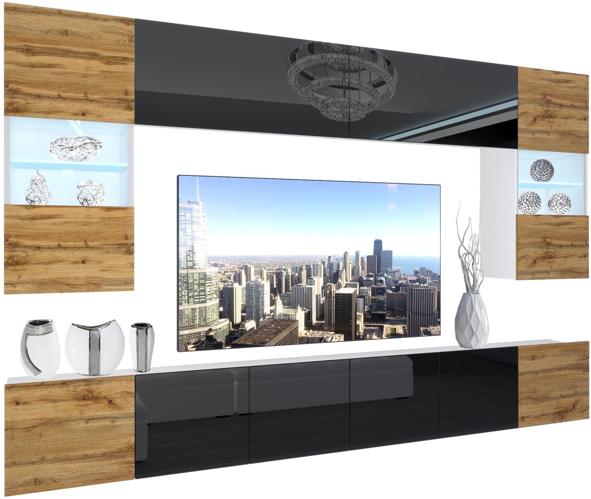 BELINI Wandmeubel NEX 1 - TV-Wandkast Set met LED-Verlichting Wotan Eiken / Zwart - Hoogglans Fronten