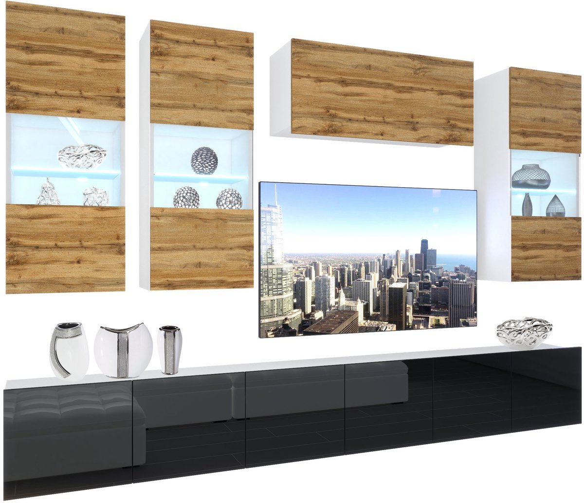 BELINI Wandmeubel NEX 5 - TV-Wandkast Set met LED-Verlichting Wotan Eiken / Zwart - Hoogglans Fronten