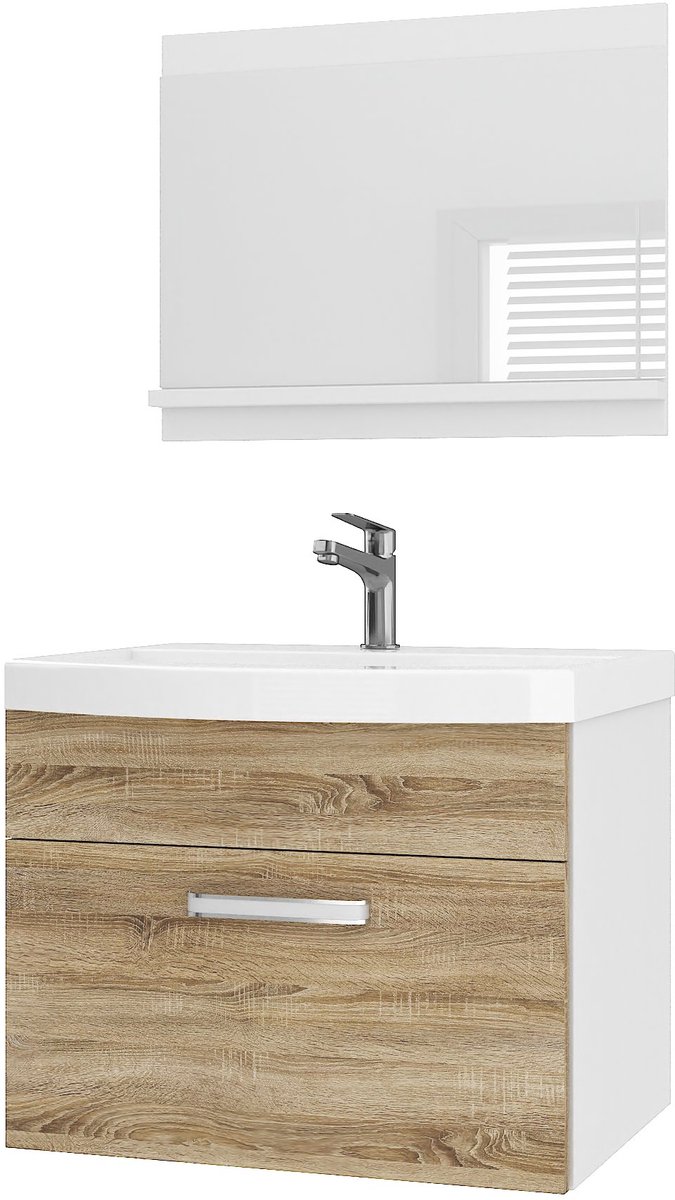 BELINI Badkamermeubel Set PRI M1 - Badmeubelset 60 cm Sonoma Eiken Mat met Wastafel en Spiegel - Wandmontage