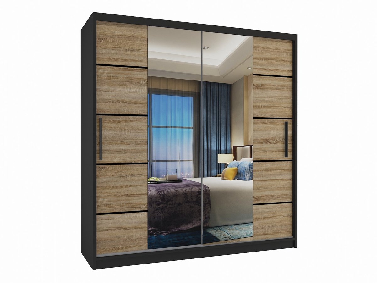 BELINI Verona ME Schuifdeurkast 158 cm Zwart/Sonoma Eiken Mat - Kledingkast met Spiegel - Comfort Line Slaapkamerkast