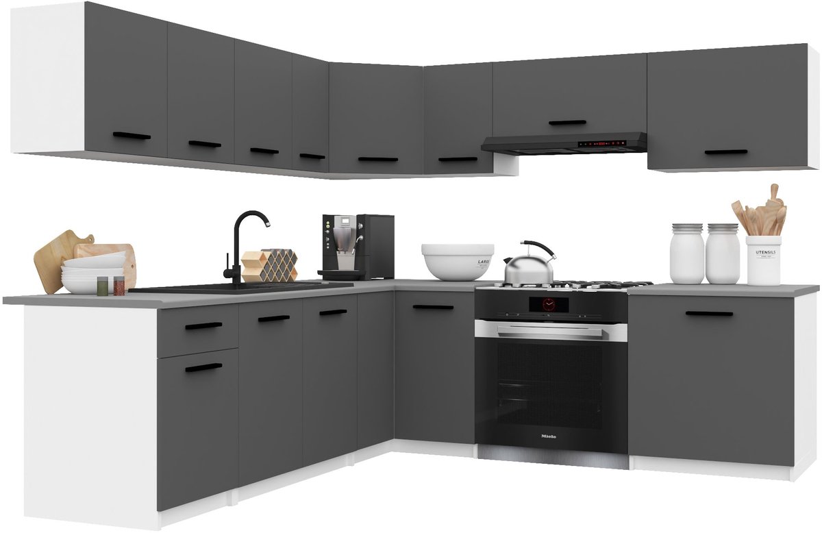 BELINI Keukenblok ITALIA 7 - Keukenmeubel Set 420 cm Grijs Mat met Werkbladen - Boven- en Onderkasten