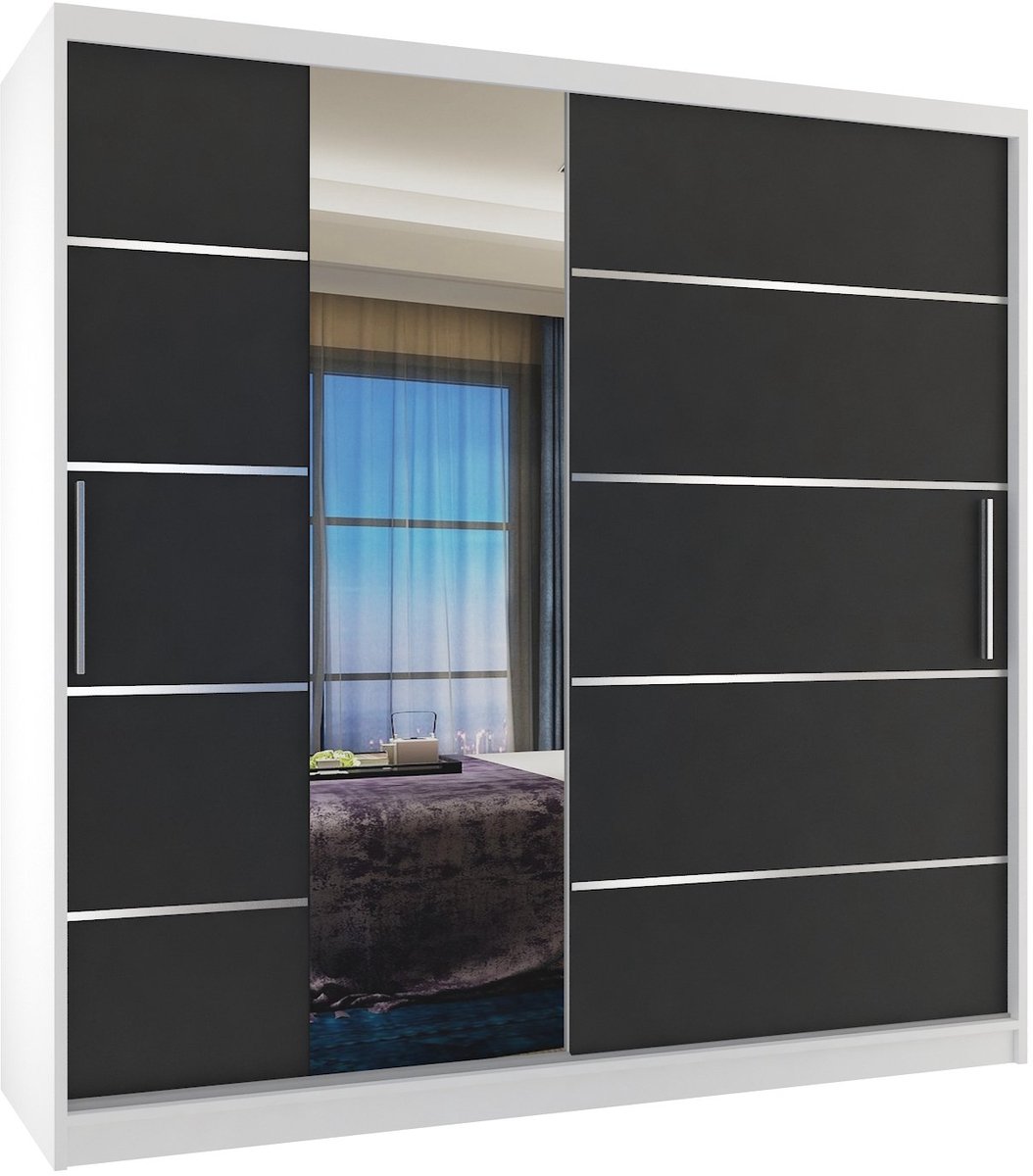BELINI Verona MBP Schuifdeurkast 200 cm Wit/Zwart Mat - Kledingkast met Spiegel - Comfort Line Slaapkamerkast