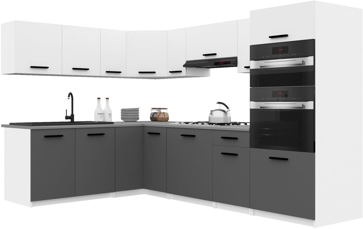 BELINI Keukenblok ITALIA 8 - Keukenmeubel Set 420 cm Wit-Grijs Mat met Werkbladen - Boven- en Onderkasten