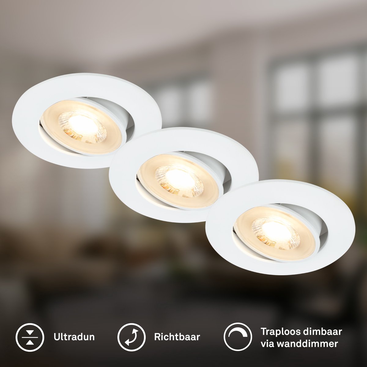BRILONER Show - Inbouwspots set van 3 - spotjes dimbaar - 3.000K warm wit licht - 4.9W - wit - Ø9cm