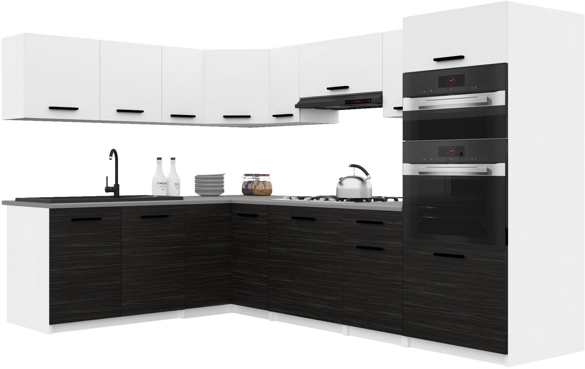 BELINI Keukenblok ITALIA 8 - Keukenmeubel Set 420 cm Wit-Ebbenhout Mat met Werkbladen - Boven- en Onderkasten
