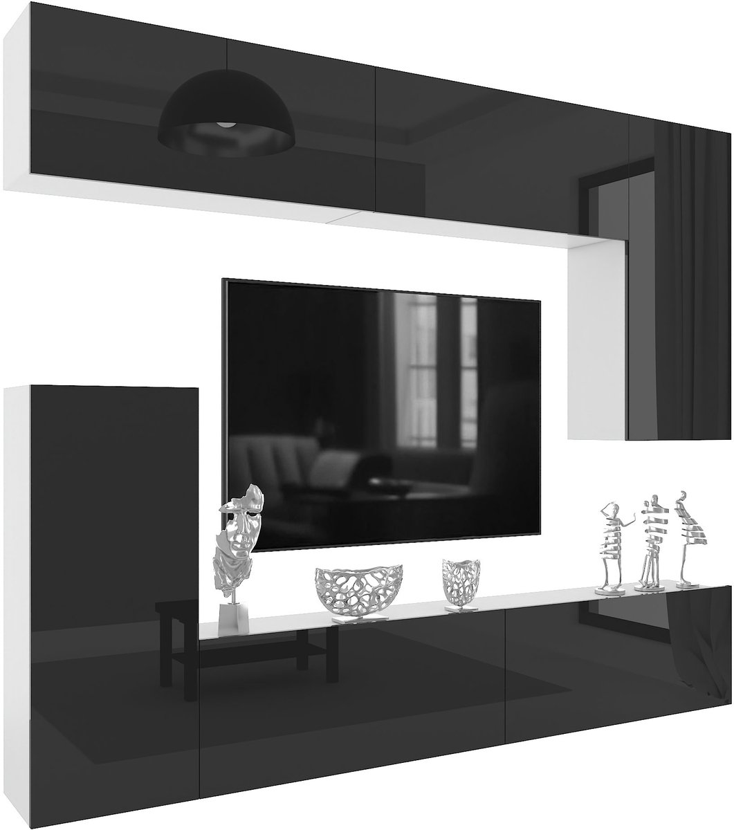 BELINI Wandmeubel Milano 8 250 cm Zwart Hoogglans - TV-Wand Greeploos - Moderne Woonwand met Gasliftsysteem - Modulair TV-Meubel