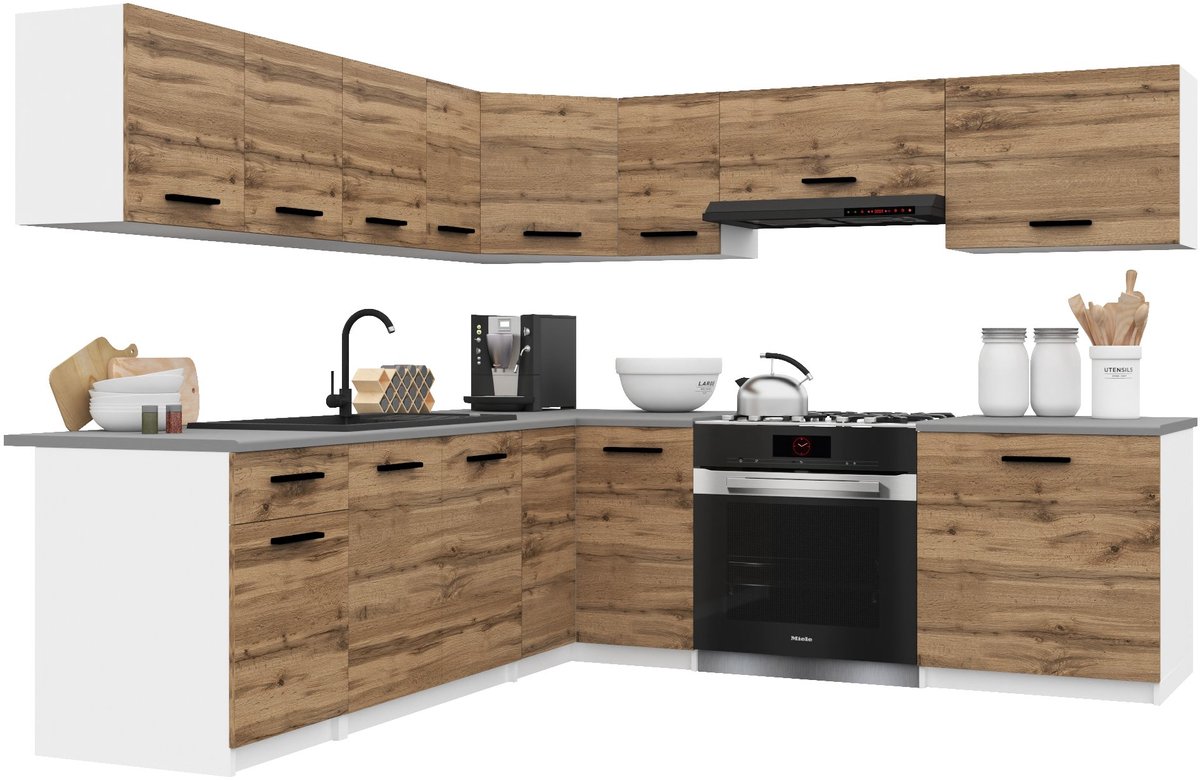 BELINI Keukenblok ITALIA 7 - Keukenmeubel Set 420 cm Goudbruin met Werkbladen - Boven- en Onderkasten