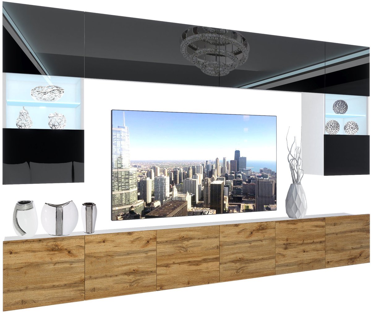 BELINI Wandmeubel NEX 1 - TV-Wandkast Set met LED-Verlichting Zwart / Wotan Eiken - Hoogglans Fronten