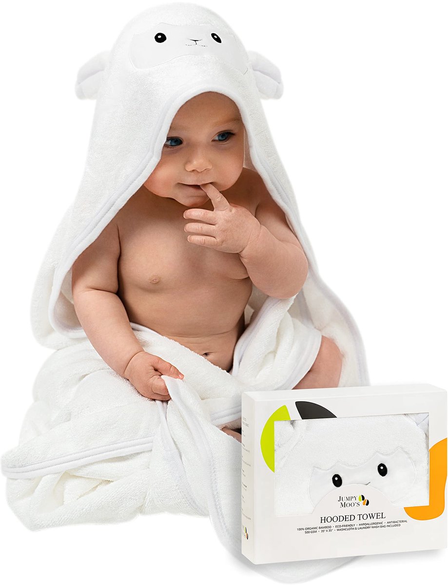 SnelShoppen - Jumpy Moo's Babyhanddoek met Capuchon, 100% Bamboe, Sterk Absorberend, Zacht en Delicaat, Inclusief Washand en Waszak, Perfect Babygesch