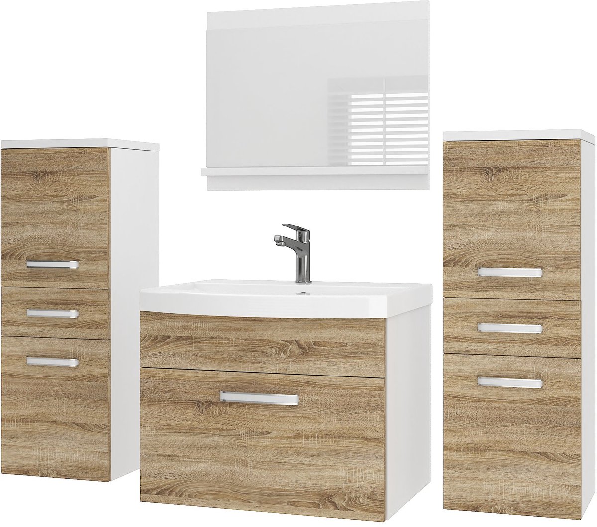 BELINI Badkamermeubel Set PRI M4 - Badmeubelset 120 cm Sonoma Eiken Mat met Wastafel en Spiegel - Wandmontage