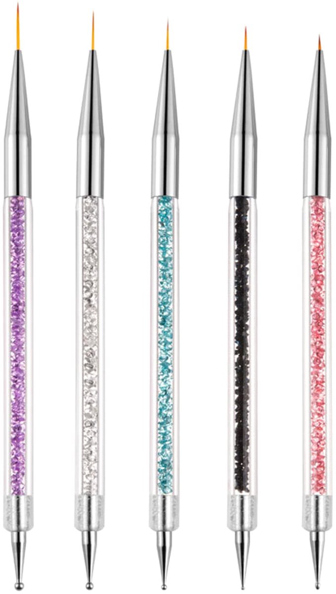 longziming -Nail Art Penselen Set – 5 Dubbelzijdige Nagelpenselen – Fijne Liner Penselen – Dotting Tools voor Nail Art – Voor Gelnagellak Tekenen en Details – 5 Stuks