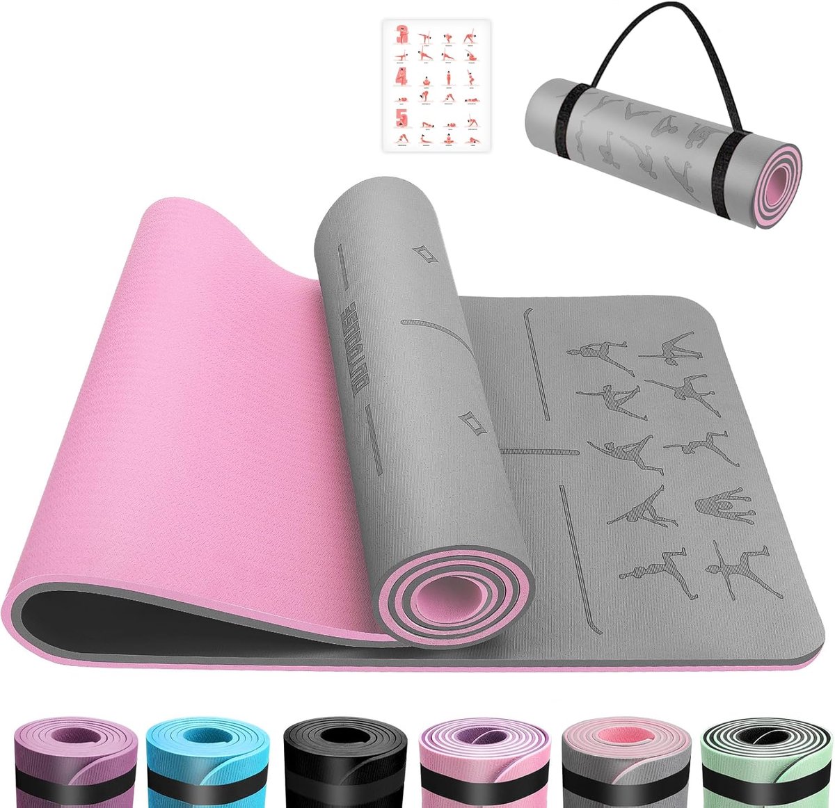 SnelShoppen - Yogamat TPE 6 mm dik - Antislip Gymnastiekmat en Pilates Mat - Huidvriendelijk, Met Draagriem en Tas - 183 x 61 cm Grijs voor Thuis, Spo