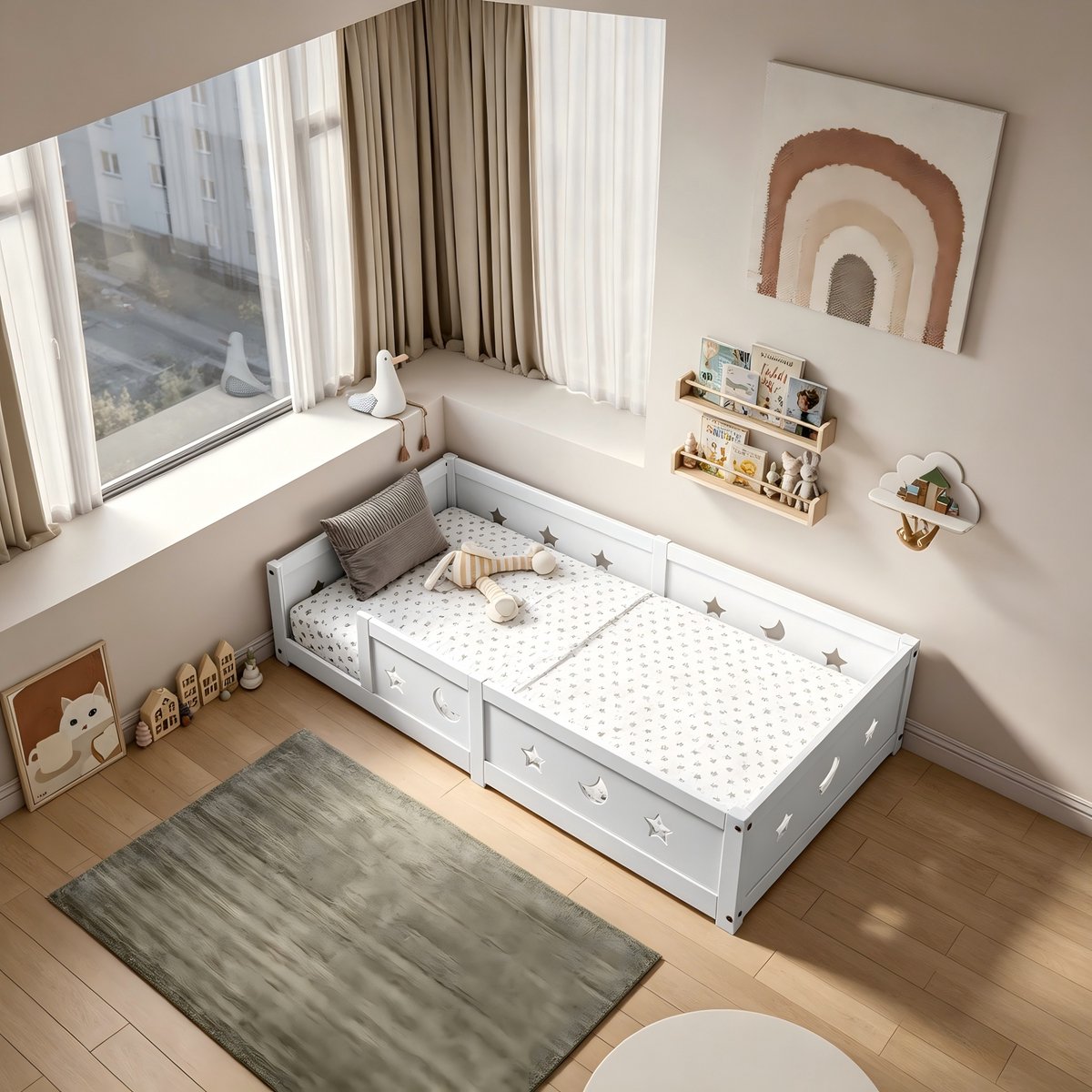 ROSAHQNDA kinderbed 90x200 - Montessori Vloerbed - Kinderbed met veiligheidshekje - eenpersoonsbed - lattenbodem - massief grenen - zonder matras Wit