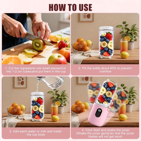 Draagbare Mixer - Smoothiemaker To Go - Verse Drankjes Maken - 16-Blads Messysteem - 500 Milliliter - Roze — afbeelding 3