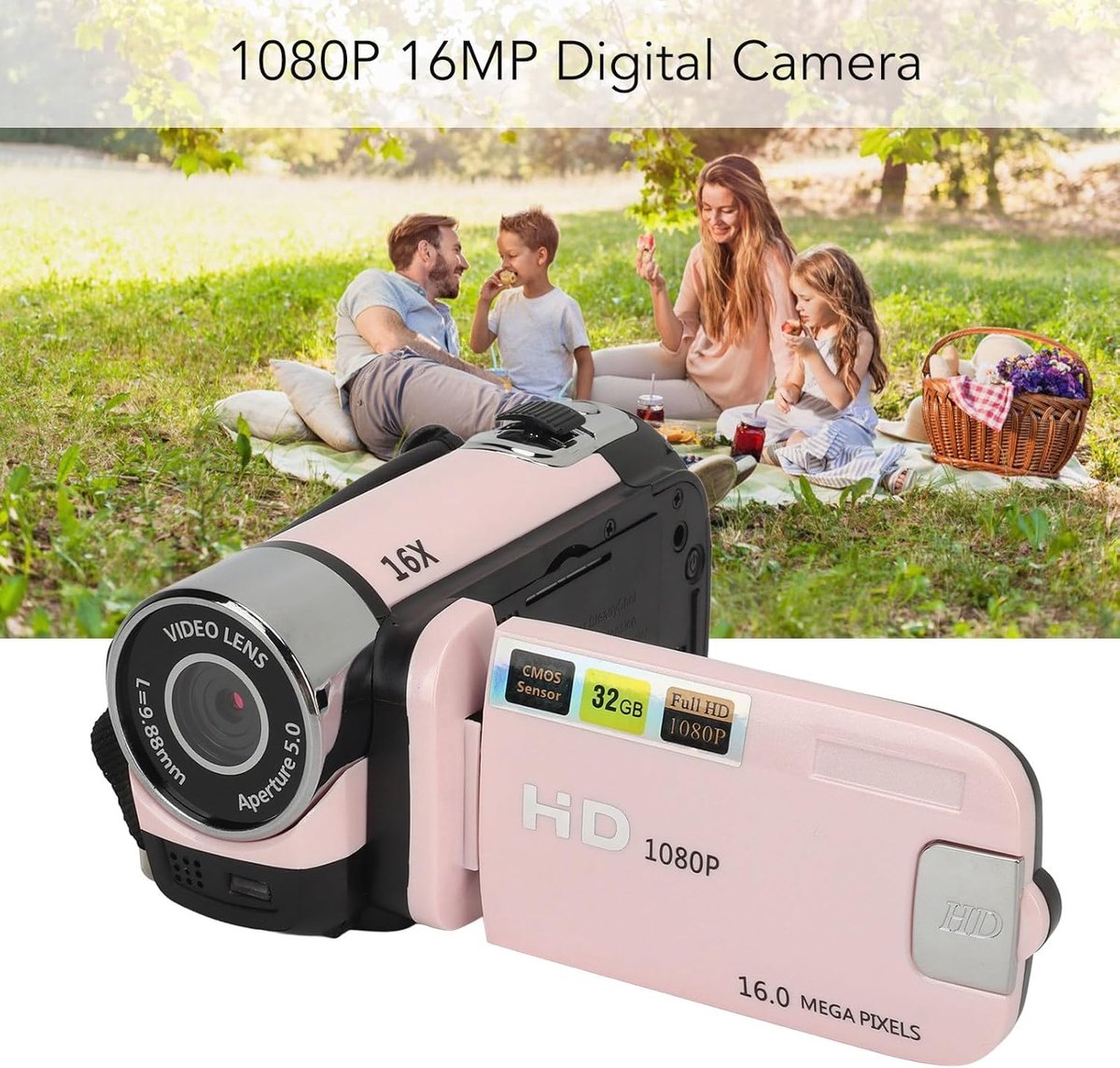 SnelShoppen - Videocamera Camcorder 1080P 16MP Digitale Camerarecorder met 2,4 Inch Draaibaar Scherm, 16X Digitale Zoom en Invullicht voor Feest, Camp