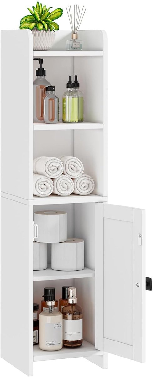 SnelShoppen - Lomojo Kleine Badkamerkast Hoekkast Vloerkast met Verstelbare Planken Vrijstaand Smal Wit Badkamer Toiletpapierorganizer voor Kleine Rui