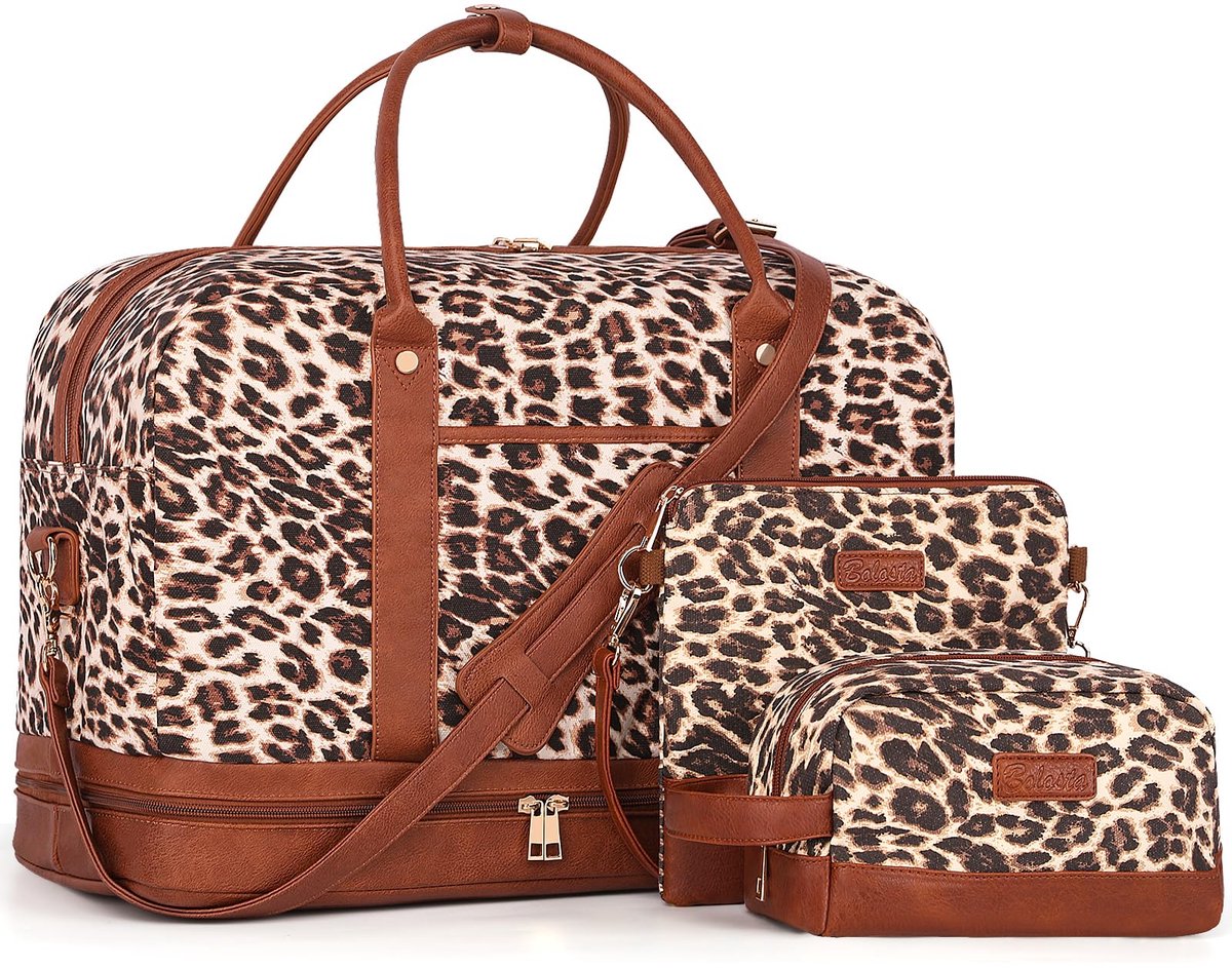 SnelShoppen - Weekendtas voor dames, grote canvas reistote, plunjezak met schoenenvak, draagbaar op schouder, B-bruin luipaard, perfect voor reizen en