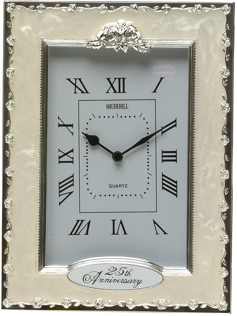 SnelShoppen - Shudehill Klok Tafelklok voor 25e Bruiloft - Kwarts, Wit, 19,5 x 14,5 cm - Decoratieve Klok voor Feest, Jubileum, Wonen