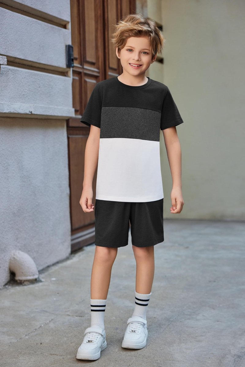 SnelShoppen - T-shirt en korte broek set voor jongens van 6-14 jaar, zwart en wit, maat 13-14 jaar, ideaal voor sport, vrije tijd en dagelijks gebruik