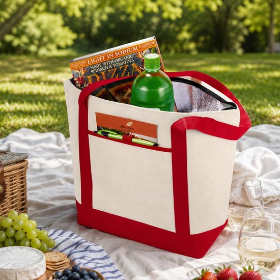 Shoppartners draag Koeltas - hengsels - naturel/rood - met 4x koelelementen van 200 ml - 44 x 34 x 15 cm van Shoppartners — afbeelding 3