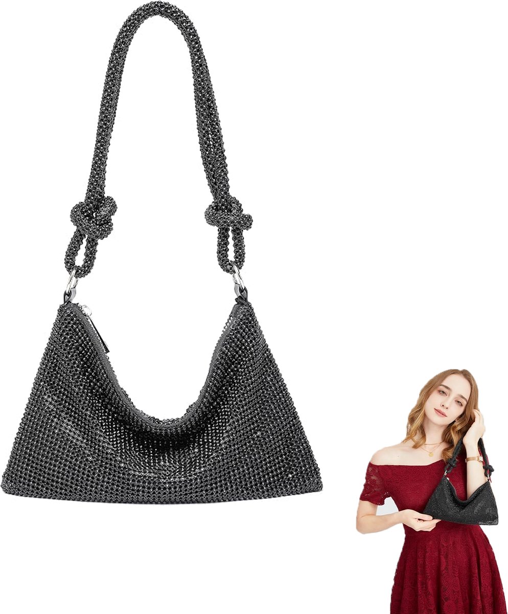 KZQ Glinsterende strass avondtas - Kleine feestclutch voor dames - Elegant en sprankelend voor bruiloft gala en uitgaansgelegenheden - Zwart