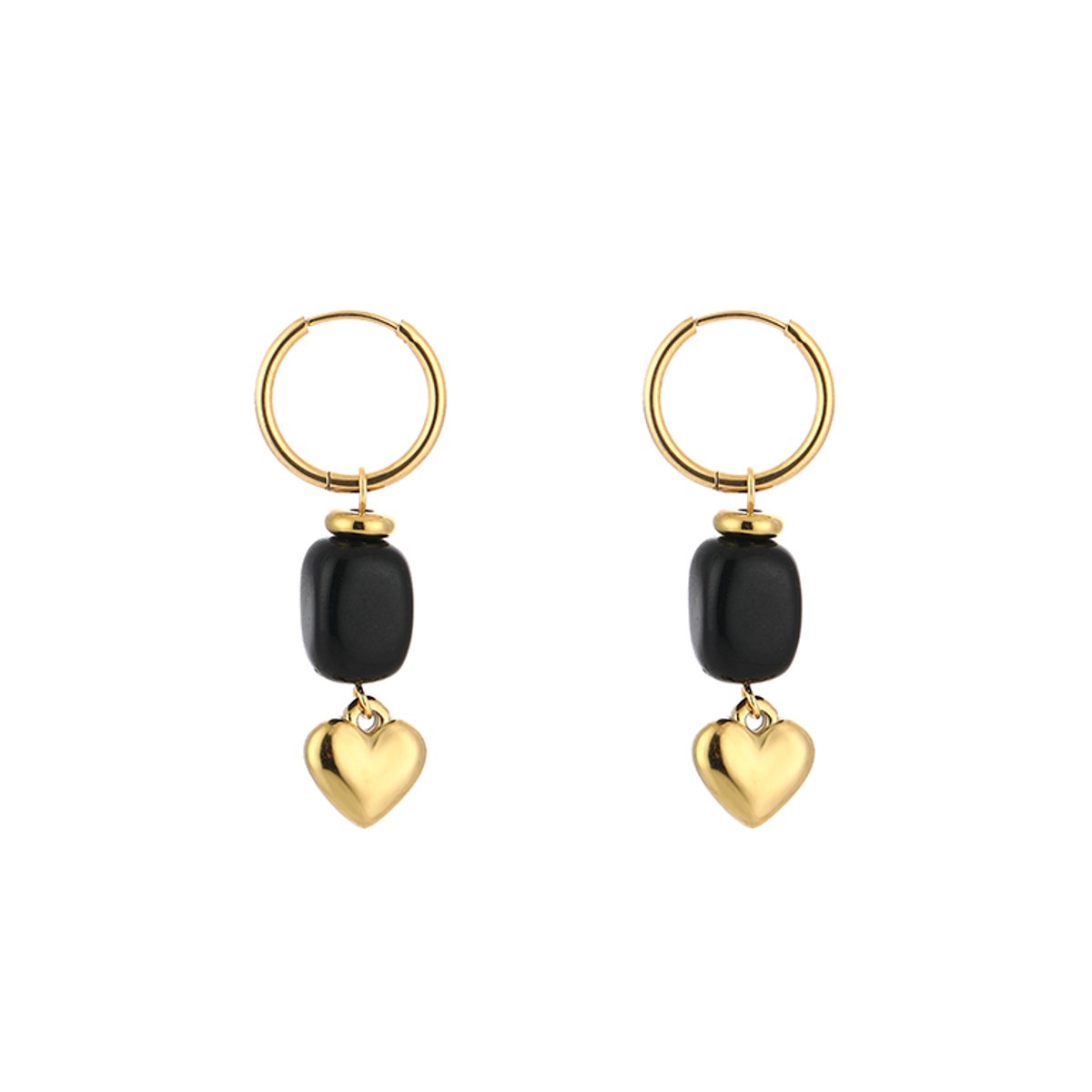 Stainless Steel Gemstone & Puffy Heart Charm Hoops – Luxe Natuursteen & Puffy Hart Oorringen – RVS - Zwart
