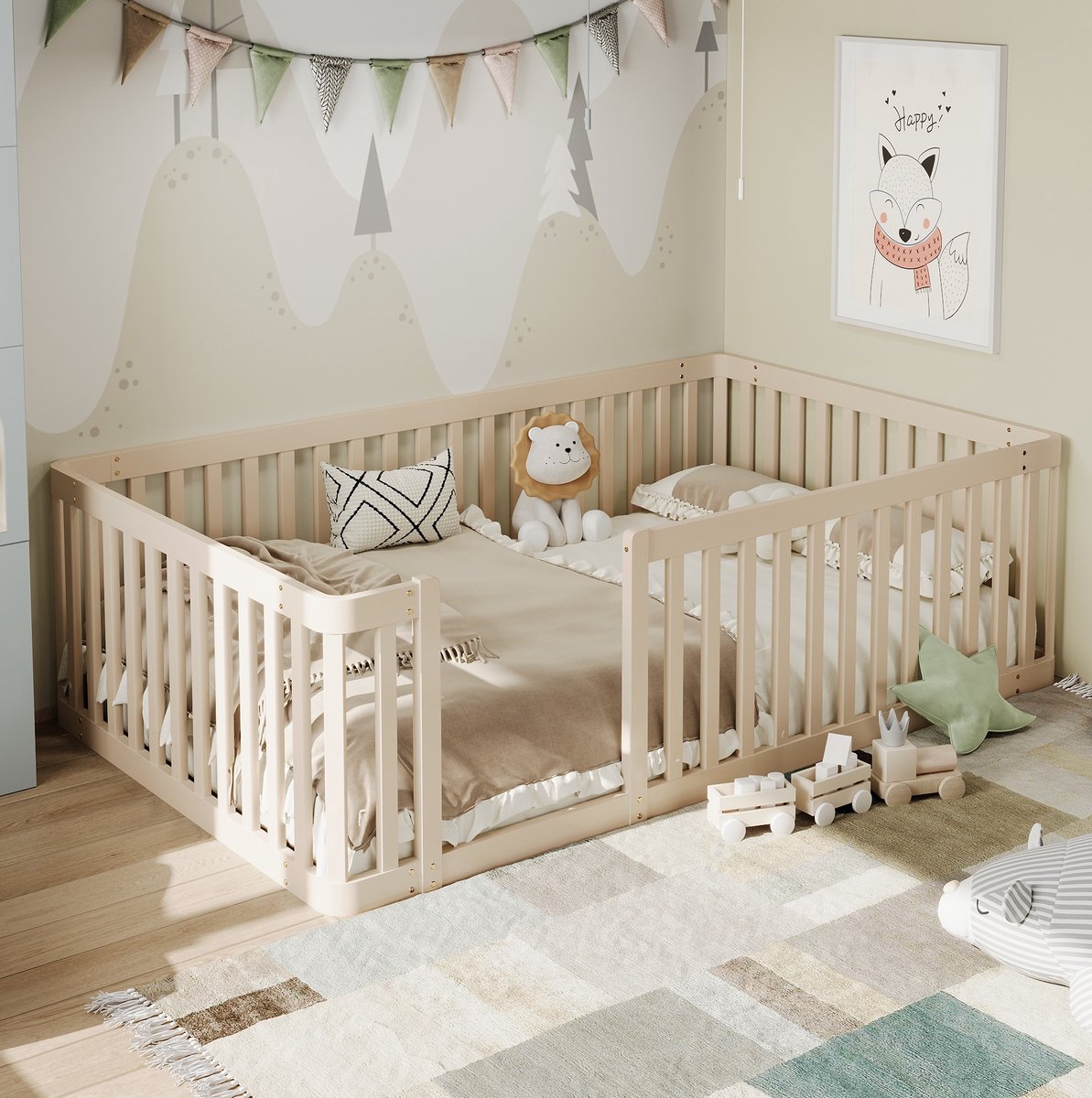 DESMIU Kinderbed 90x200 cm – Bedframe Met Halfgeloten Hek – Lage Platformconstructie – Zonder Opbergruimte – Voor Kinderkamer – Massief Grenenhout – Crème – Zonder Matras