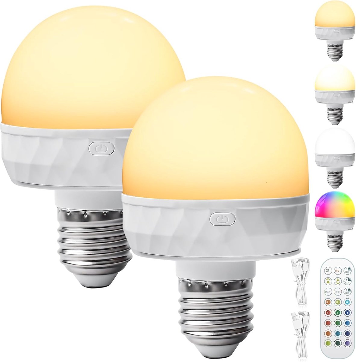 SnelShoppen - Set van 2 oplaadbare lampen met afstandsbediening, E27 gekleurde ledlampen, dimbaar, USB-C-oplaadbare gloeilampen voor noodverlichting,