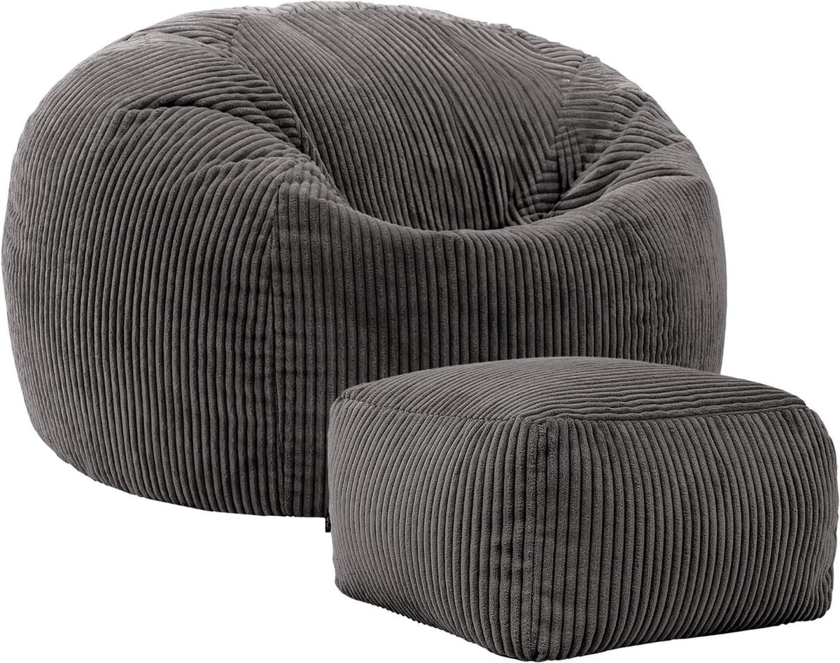Zitzak met Voetenbank - Bean Bag Fauteuil - Lekker Ontspannen - Zacht Corduroy Materiaal - 85x85x50 cm - Donkergrijs