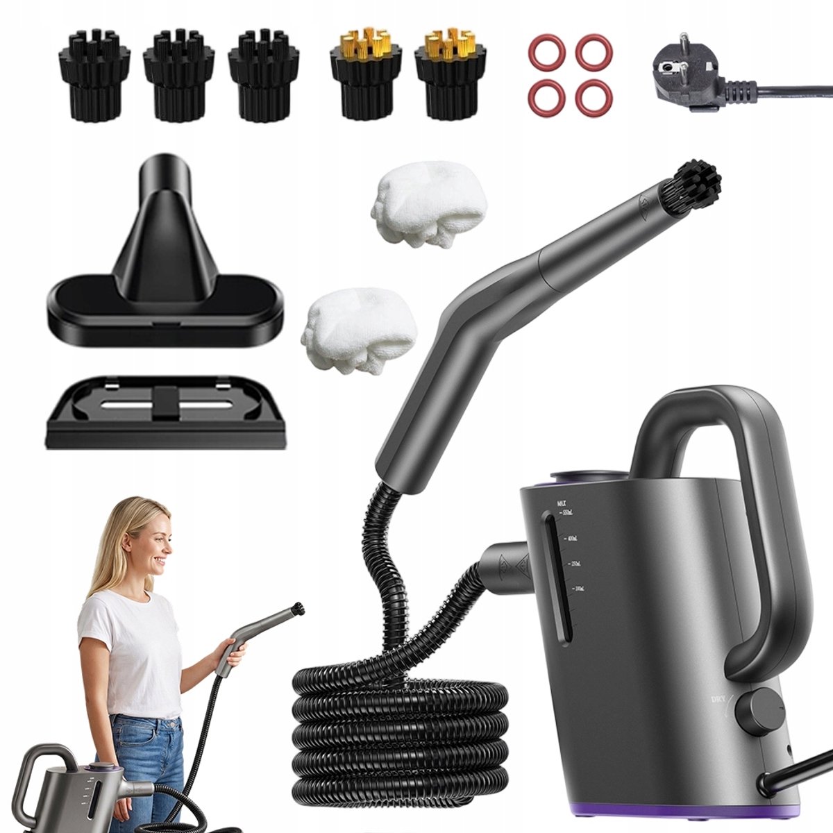 Stoomreiniger &Handstomer - 1500W Steam Cleaner - 550 ml Tank - 15-20 Sec - 1,5m Slang - Tapijtreiniger - 9-in-1 - Voor Badkamer, Keuken, Bank & Meubels