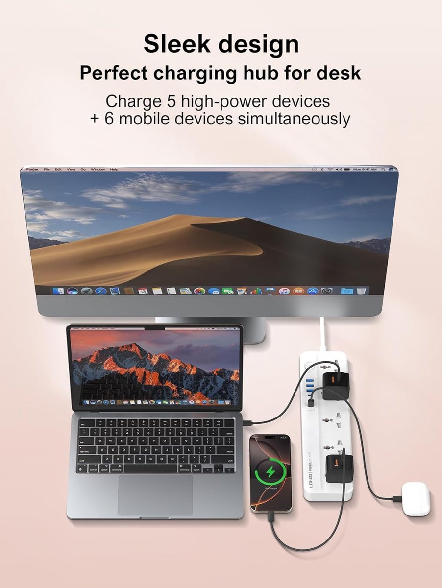 SnelShoppen - Meervoudige Stekkerdoos met 5 Stopcontacten en 6 USB-poorten, 2500 W, Met Schakelaar, Overspanningsbeveiliging, 2 m Kabel voor Thuis en