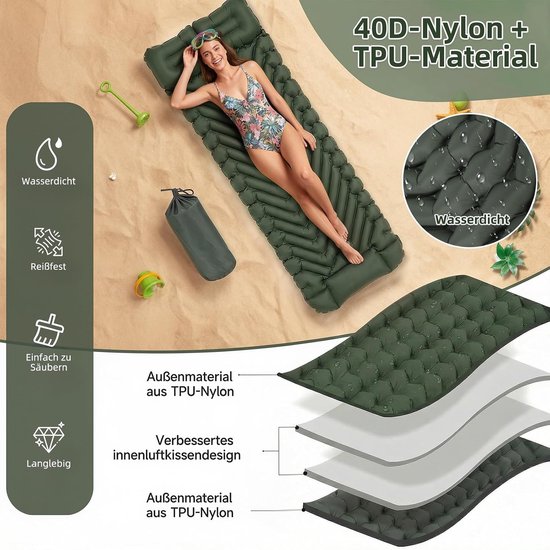 Opblaasbare Kampeerluchtbed - Tweepersoons Matras - Kamperen en Reizen - Geïntegreerde Voetpomp - 196x134x9cm - Groen — afbeelding 3